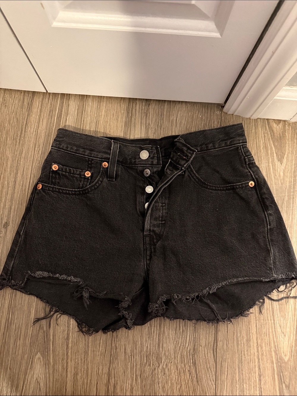 Levy’s 501 Black High-Waist Distressed Denim Shorts